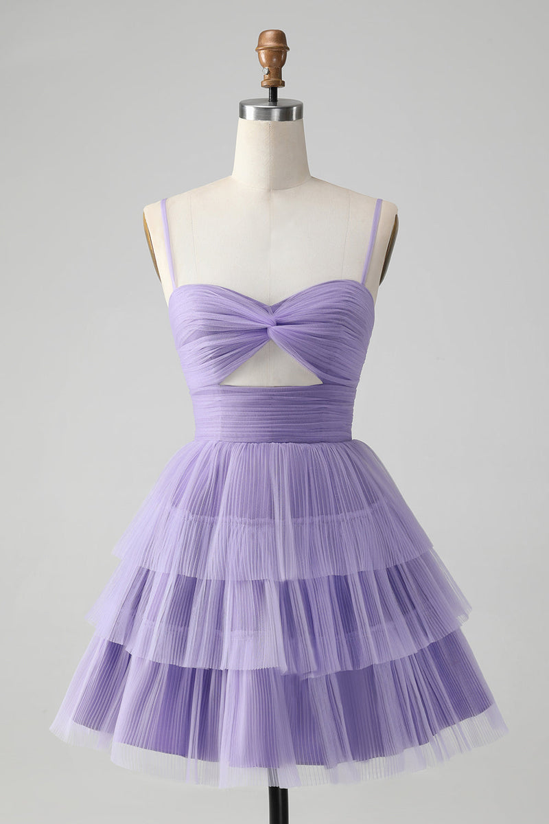 Load image into Gallery viewer, Cute Purple A Line Spaghetti Straps Tulle Tiered Party Dress