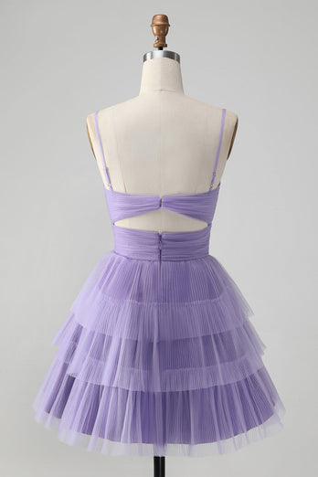 Cute Purple A Line Spaghetti Straps Tulle Tiered Party Dress