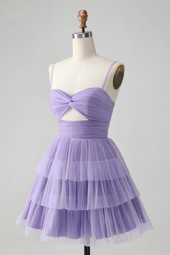 Cute Purple A Line Spaghetti Straps Tulle Tiered Party Dress