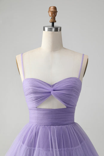 Cute Purple A Line Spaghetti Straps Tulle Tiered Party Dress