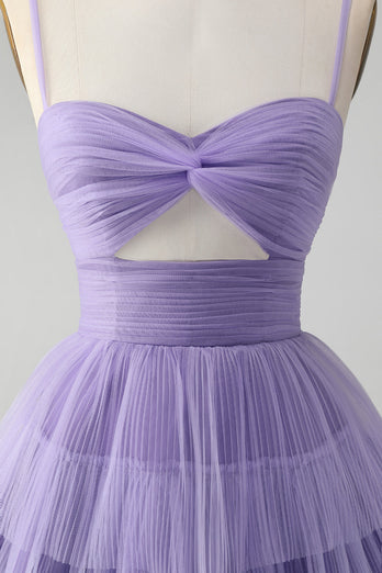 Cute Purple A Line Spaghetti Straps Tulle Tiered Party Dress