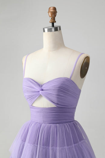 Cute Purple A Line Spaghetti Straps Tulle Tiered Party Dress