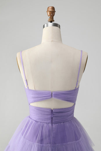 Cute Purple A Line Spaghetti Straps Tulle Tiered Party Dress