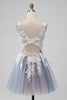 Load image into Gallery viewer, Elegant Grey Pink A Line V Neck Flowers Short Prom Dress with Pearl