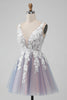 Load image into Gallery viewer, Elegant Grey Pink A Line V Neck Flowers Short Prom Dress with Pearl