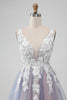 Load image into Gallery viewer, Elegant Grey Pink A Line V Neck Flowers Short Prom Dress with Pearl