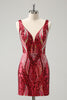 Load image into Gallery viewer, Glitter Fuchsia Sequins V Neck Tight Party Dress