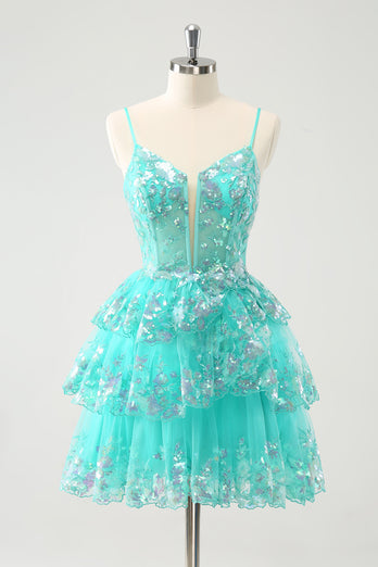 Glitter Green Spaghetti Straps A-Line Sequined Tiered Party Dress