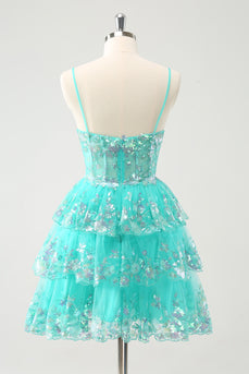 Glitter Green Spaghetti Straps A-Line Sequined Tiered Party Dress