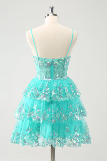 Glitter Green Spaghetti Straps A-Line Sequined Tiered Party Dress