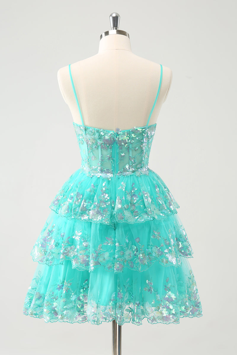 Load image into Gallery viewer, Glitter Green Spaghetti Straps A-Line Sequined Tiered Party Dress