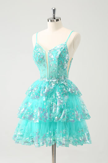 Glitter Green Spaghetti Straps A-Line Sequined Tiered Party Dress