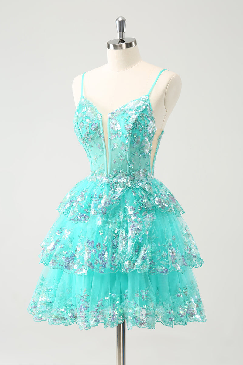 Load image into Gallery viewer, Glitter Green Spaghetti Straps A-Line Sequined Tiered Party Dress