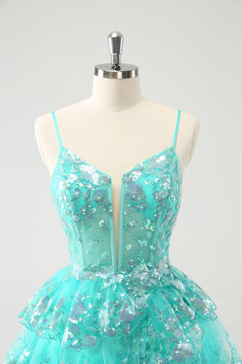 Glitter Green Spaghetti Straps A-Line Sequined Tiered Party Dress