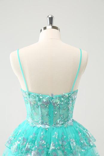 Glitter Green Spaghetti Straps A-Line Sequined Tiered Party Dress