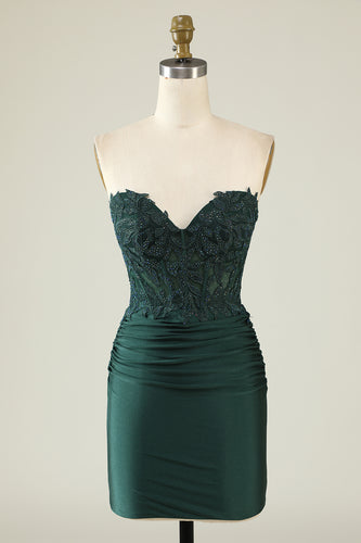 Strapless Dark Green Short Prom Dress with Beading