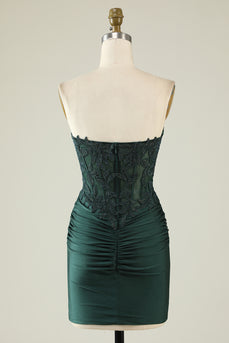 Strapless Dark Green Short Prom Dress with Beading