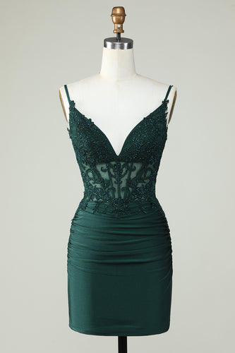 Spaghetti Straps Dark Green Short Prom Dress with Beading