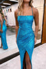 Load image into Gallery viewer, Sheath Halter Blue Sequins Prom Dress with Silt