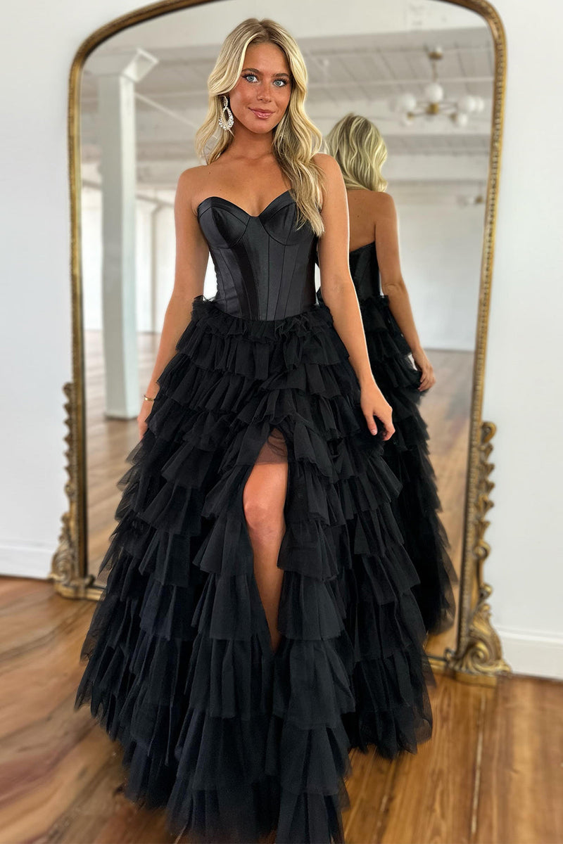 Load image into Gallery viewer, Black Corset Sweetheart A-Line Tiered Long Tulle Prom Dress with Slit