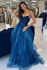 Load image into Gallery viewer, Sparkly Blue Corset A Line Long Tulle Prom Dress with Appliques