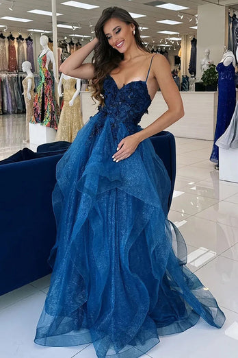 Sparkly Blue Corset A Line Long Tulle Prom Dress with Appliques