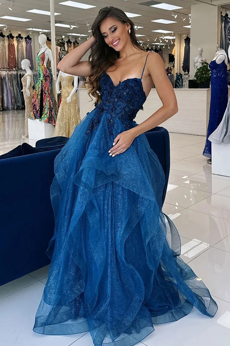 Load image into Gallery viewer, Sparkly Blue Corset A Line Long Tulle Prom Dress with Appliques