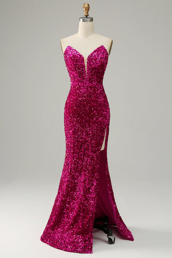 Fuchsia Strapless Sequin Prom Dress with Slit