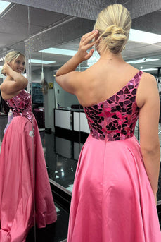 Glitter Pink One Shoulder Mirror Long Prom Dress with Slit