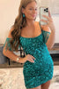 Load image into Gallery viewer, Sparkly Turquoise Tight Sequins Short Prom Dress with Fringes