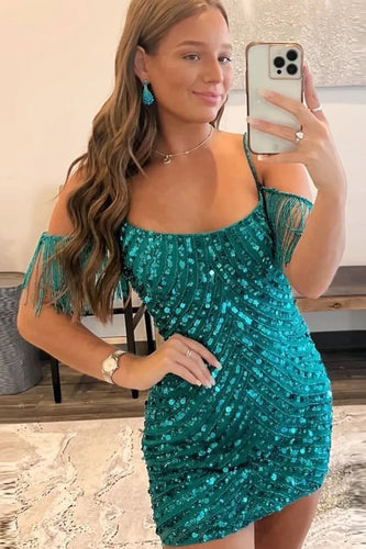 Sparkly Turquoise Tight Sequins Short Prom Dress with Fringes
