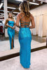 Load image into Gallery viewer, Sheath Halter Blue Sequins Prom Dress with Silt