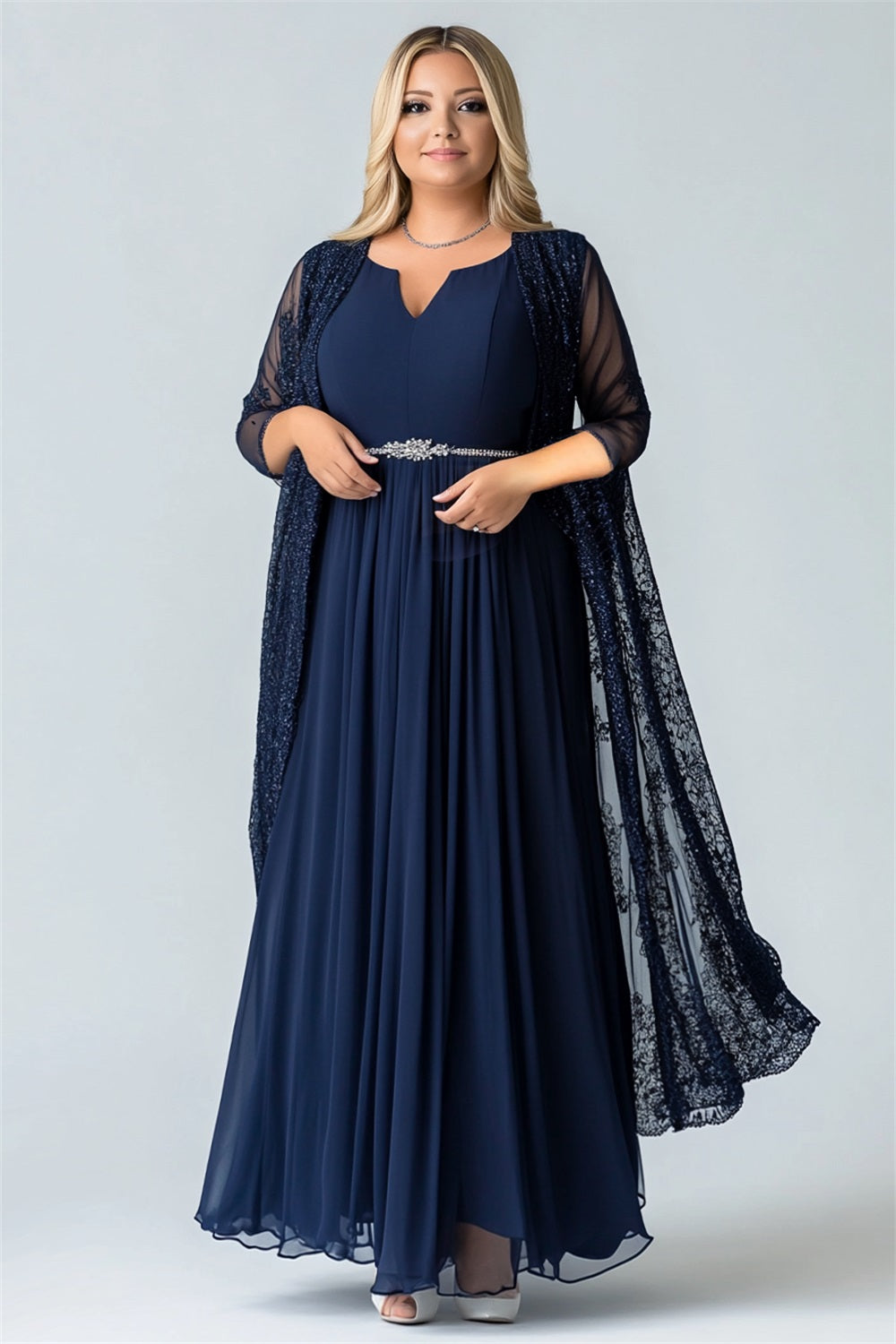 Sparkly Navy A Line Pleated Mother of the Bride Dress with Jacket