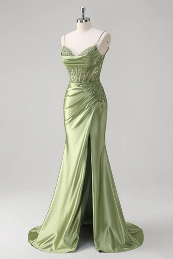 Green Spaghetti Straps Mermaid Pleated Corset Long Prom Dress with Slit