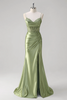 Load image into Gallery viewer, Green Spaghetti Straps Mermaid Pleated Corset Long Prom Dress with Slit