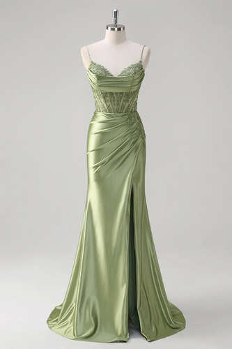 Green Spaghetti Straps Mermaid Pleated Corset Long Prom Dress with Slit