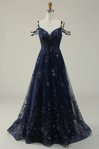 Sparkly Spaghetti Straps Sequins Navy Ball Gown Dress