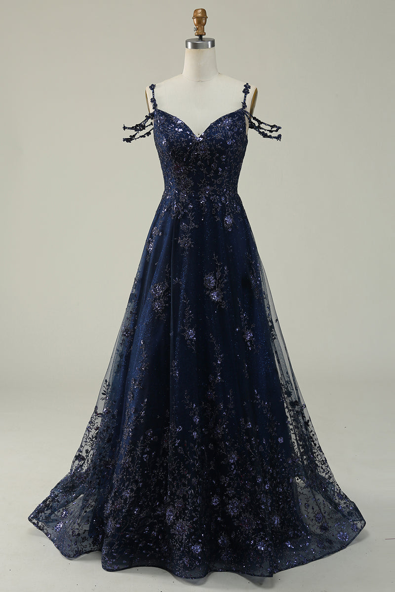 Load image into Gallery viewer, Sparkly Spaghetti Straps Sequins Navy Ball Gown Dress