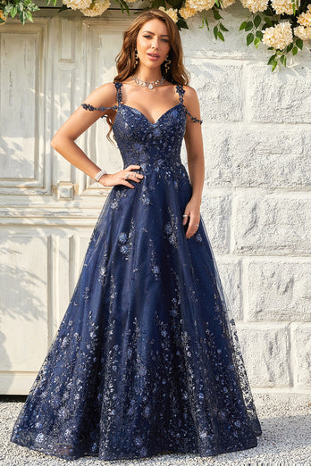 Sparkly Spaghetti Straps Sequins Navy Ball Gown Dress