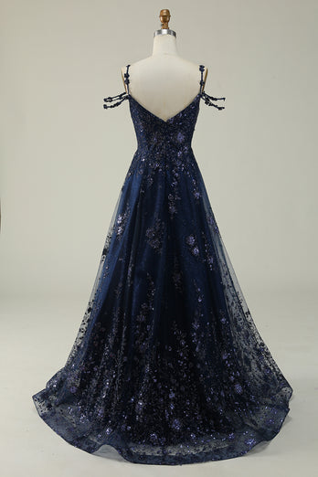 Sparkly Spaghetti Straps Sequins Navy Ball Gown Dress