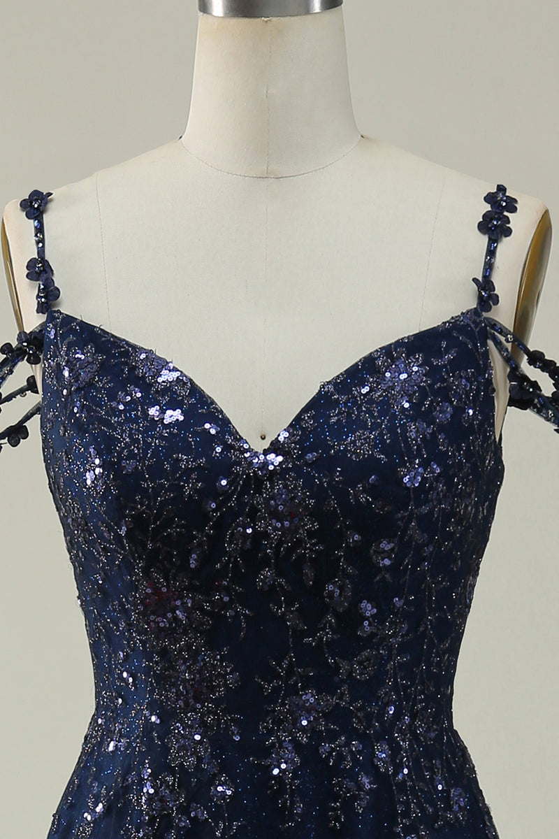 Load image into Gallery viewer, Sparkly Spaghetti Straps Sequins Navy Ball Gown Dress