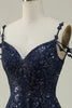 Load image into Gallery viewer, Sparkly Spaghetti Straps Sequins Navy Ball Gown Dress