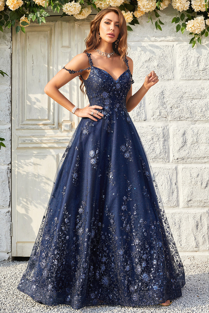 Load image into Gallery viewer, Spaghetti Straps Sequins Navy Ball Gown Dress