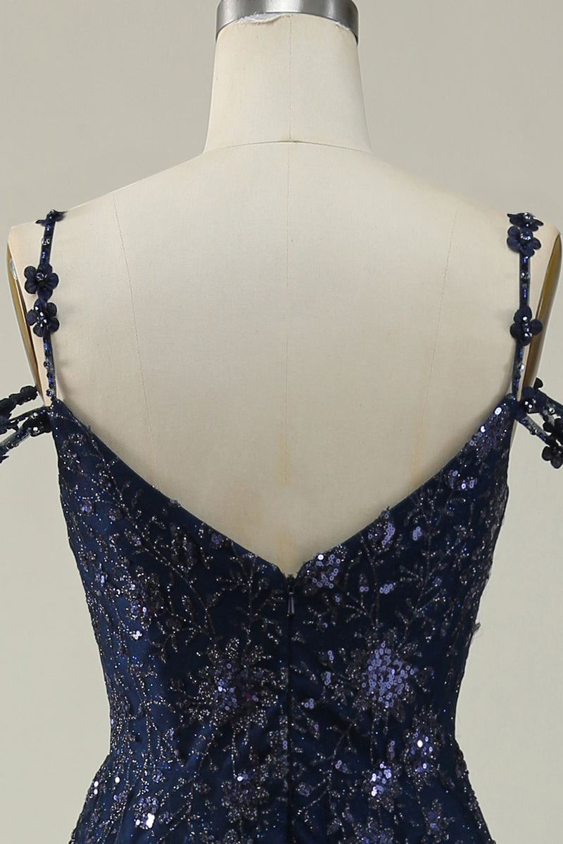 Load image into Gallery viewer, Sparkly Spaghetti Straps Sequins Navy Ball Gown Dress