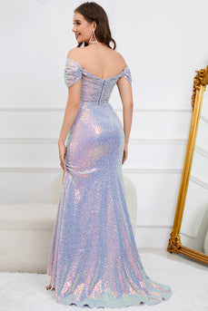 Mermaid Off The Shoulder Sparkly Purple Long Prom Dress with Slit