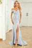 Load image into Gallery viewer, Off The Shoulder Mermaid Blue Sequins Long Prom Dress with Slit