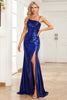 Load image into Gallery viewer, Mermaid Spaghetti Straps Navy Long Prom Dress with Slit