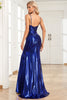 Load image into Gallery viewer, Mermaid Spaghetti Straps Navy Long Prom Dress with Slit