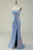 Load image into Gallery viewer, Lace-Up Back Sparkly Sequins Blue Long Prom Dress with Slit