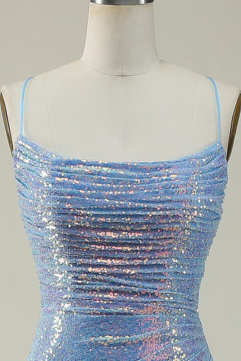 Lace-Up Back Sparkly Sequins Blue Long Prom Dress with Slit